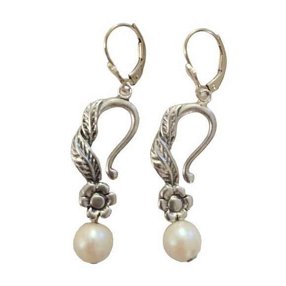 Sterling Silver Leaf Scroll Flower White Bead Dangle Lever Back Earrings, L90 - Picture 1 of 5